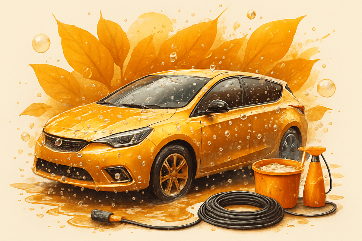 Green car with cleaning tools